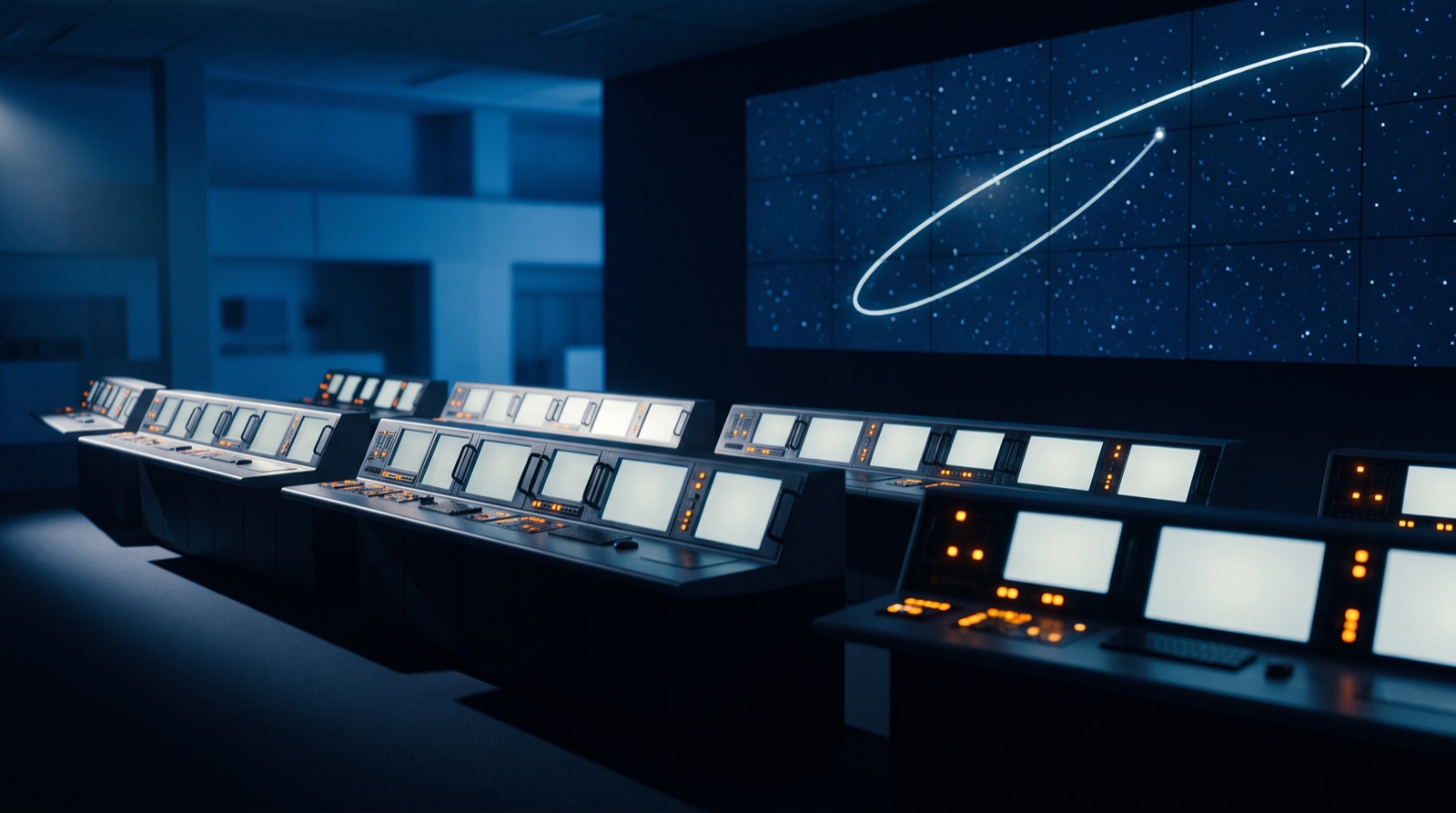 A calm mission control room with glowing consoles