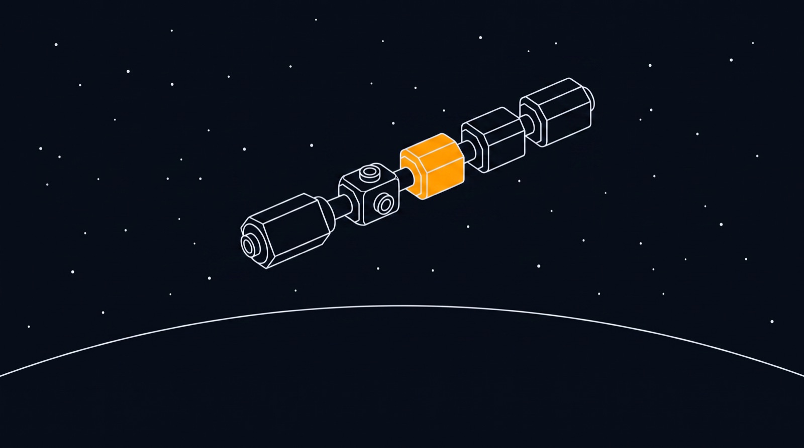 Technical illustration of a six-module orbital station above Earth